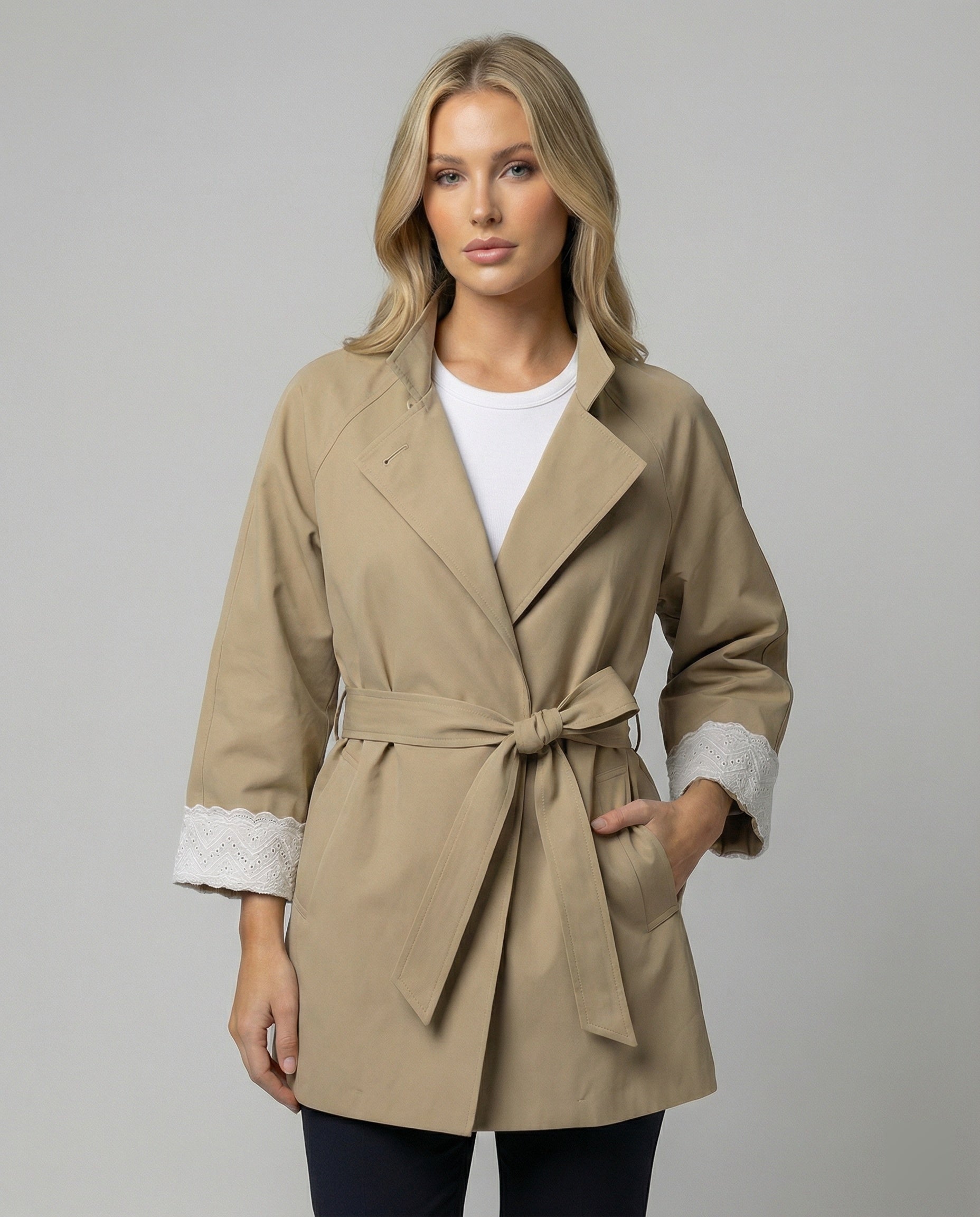 Damen Mode online taillierter Trenchcoat mit Stehkragen und Spitzenmanschetten R&B