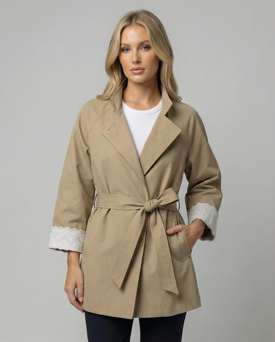 Damen Mode online taillierter Trenchcoat mit Stehkragen und Spitzenmanschetten R&B
