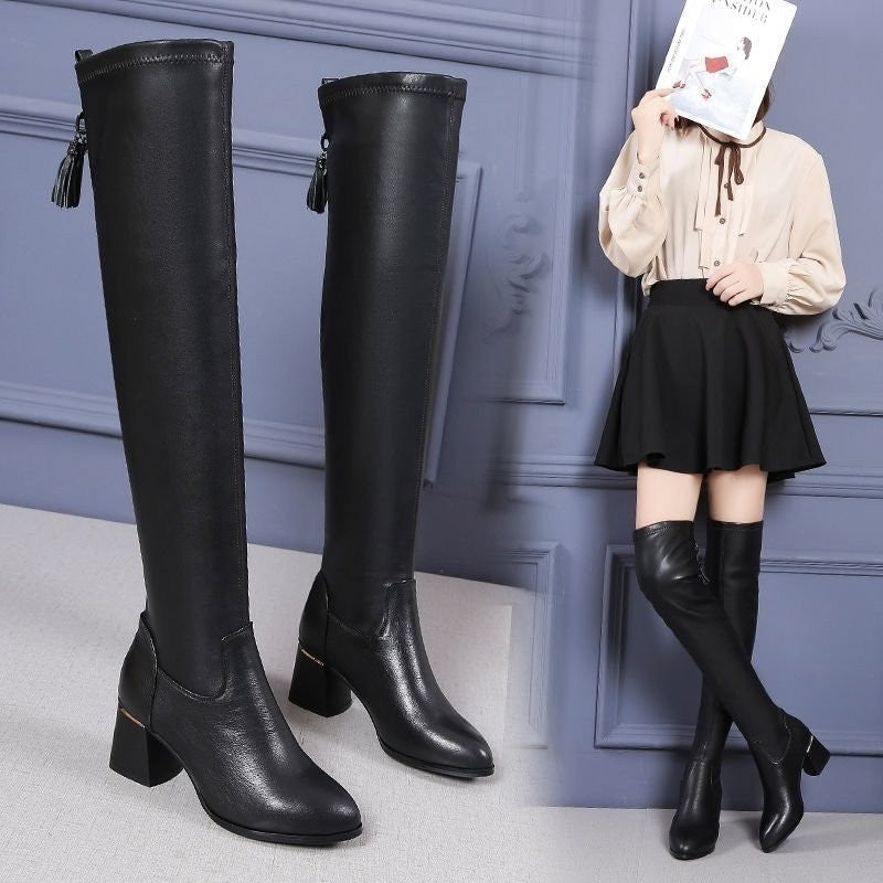 Damen Hochwertige Overknee-Stiefel mit elegantem Blockabsatz und modischem Detail