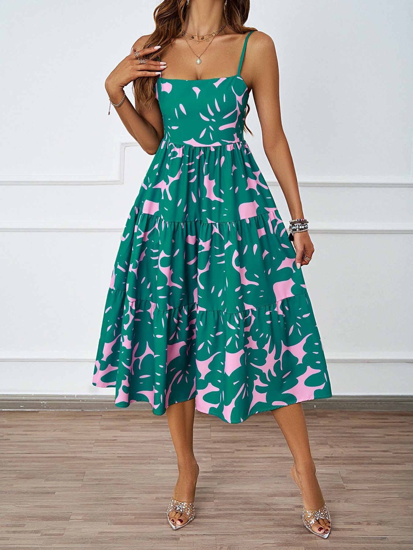 Damen Midi Kleid mit fließendem Rock und verspieltem Blattmuster R&B