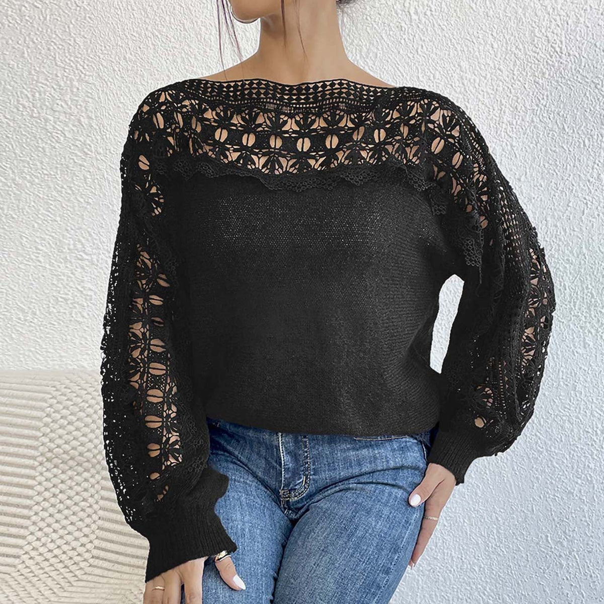 Damen Elegantes Strickoberteil mit raffinierten Spitzenärmeln R&B