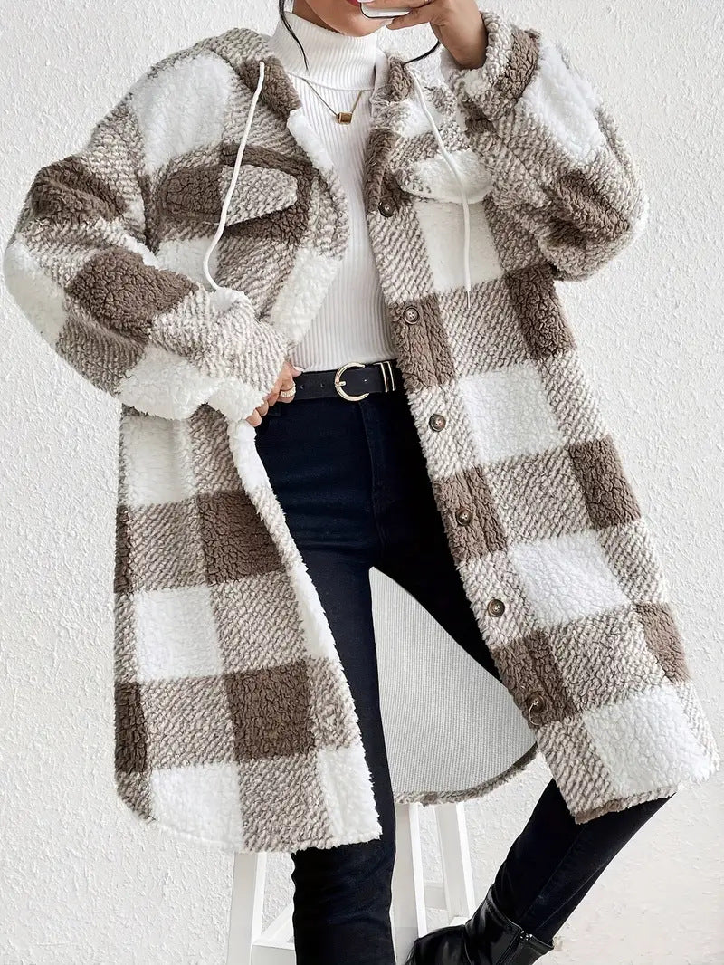 Damen Plüschige Karojacke im Oversized-Stil mit Knopfleiste R&B