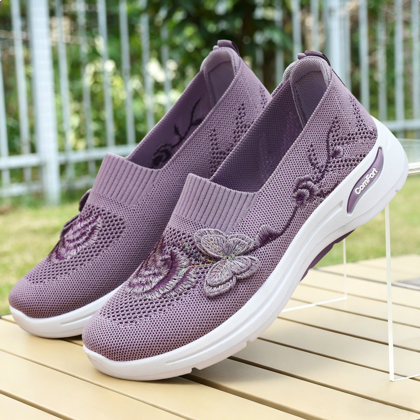Damen nan gestrickter Slip-On Slipper mit 3D-Blumenstickerei und ergonomischer Komfort-Zwischensohle R&B