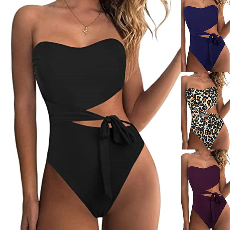 Damen Bandeau Bikini mit asymmetrischem Schnitt und modischem Animal-Print R&B