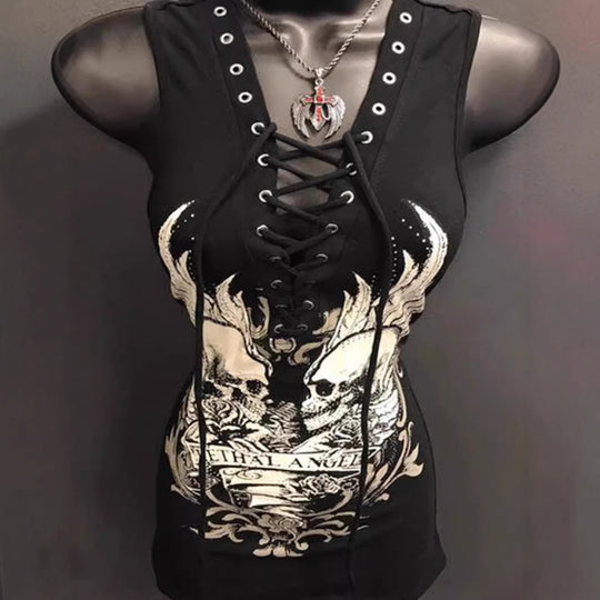 Damen Rockabilly Kleid mit Schnüroptik und grafischem Print R&B