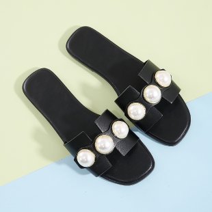 Damen nan flache Pantolette mit großen Zierperlen und goldumrandeten Applikationen gepolstertes Komfortfußbett R&B