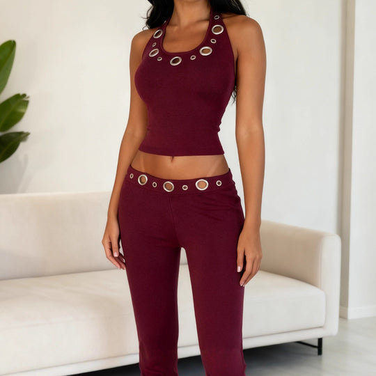 Damen modisches Oberteil und lässige Hose Set mit dekorativen Ösen R&B