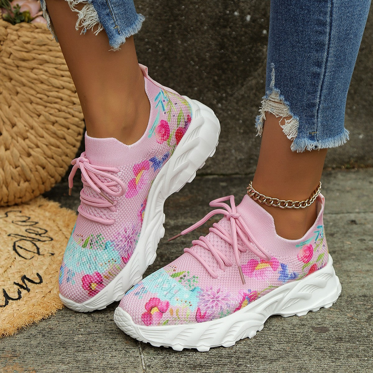 Damen Modische Sneaker mit floralem Jacquard-GewR&Be und luftiger Sohle R&B