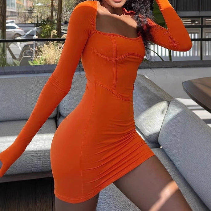 Damen figurbetontes Minikleid mit quadratischem Ausschnitt und langen Ärmeln R&B