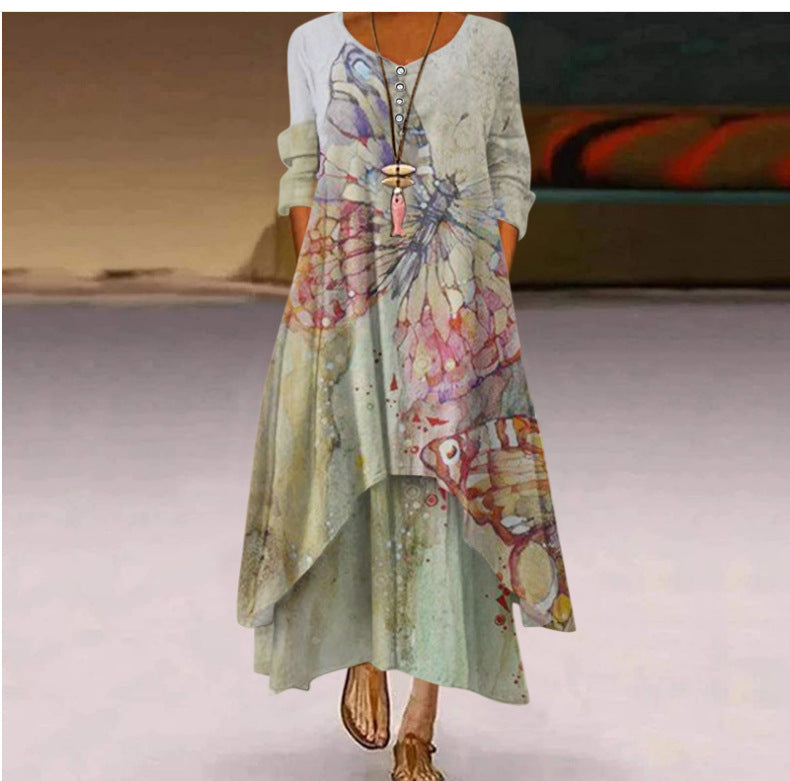 Damen Fließendes Maxikleid mit kunstvollem Blumendruck und asymmetrischem Saum R&B