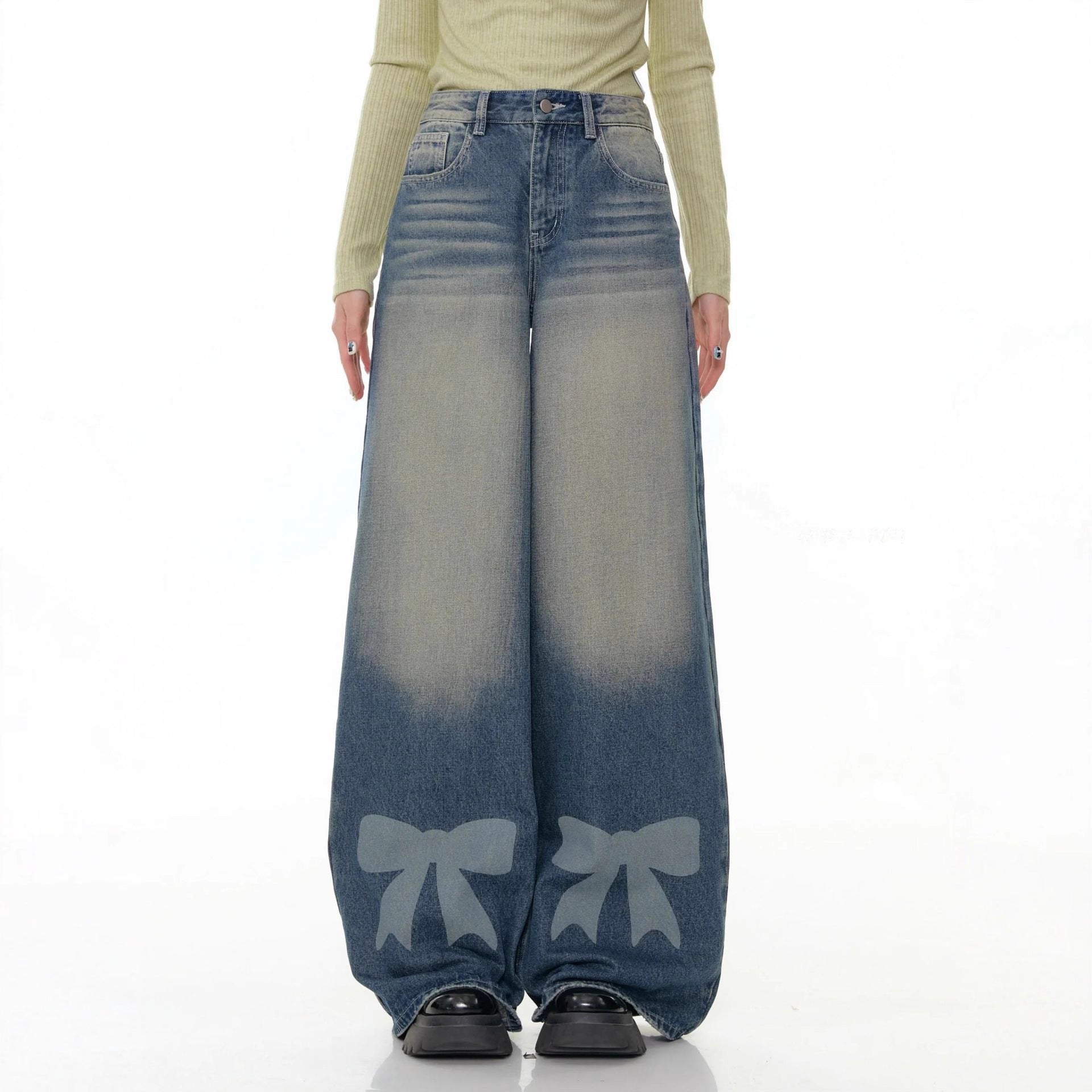 Damen Weite Jeans mit dekorativen Schleifendetails