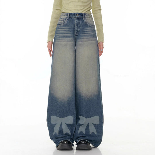 Damen Weite Jeans mit dekorativen Schleifendetails
