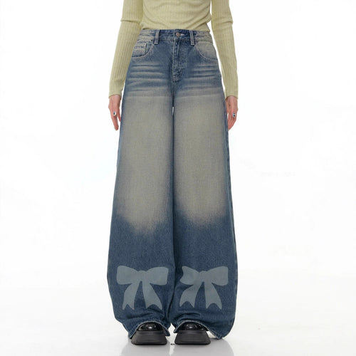 Damen Weite Jeans mit dekorativen Schleifendetails