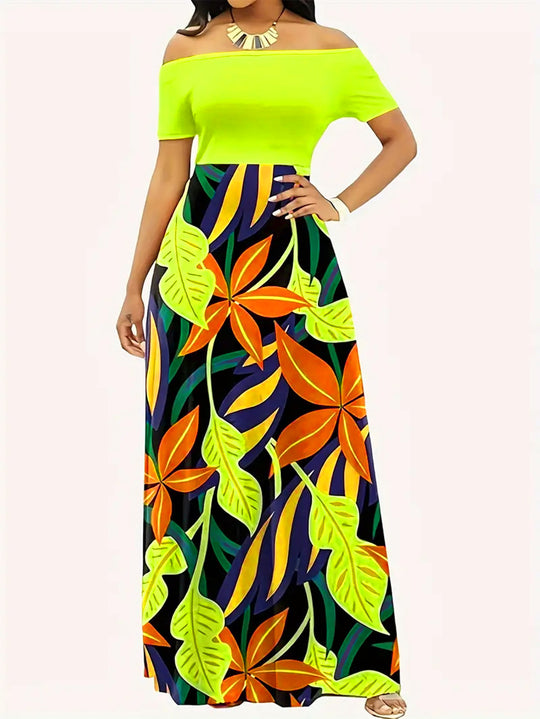 Damen Off-Shoulder Maxikleid mit floralem Design und elastischem Taillenband R&B