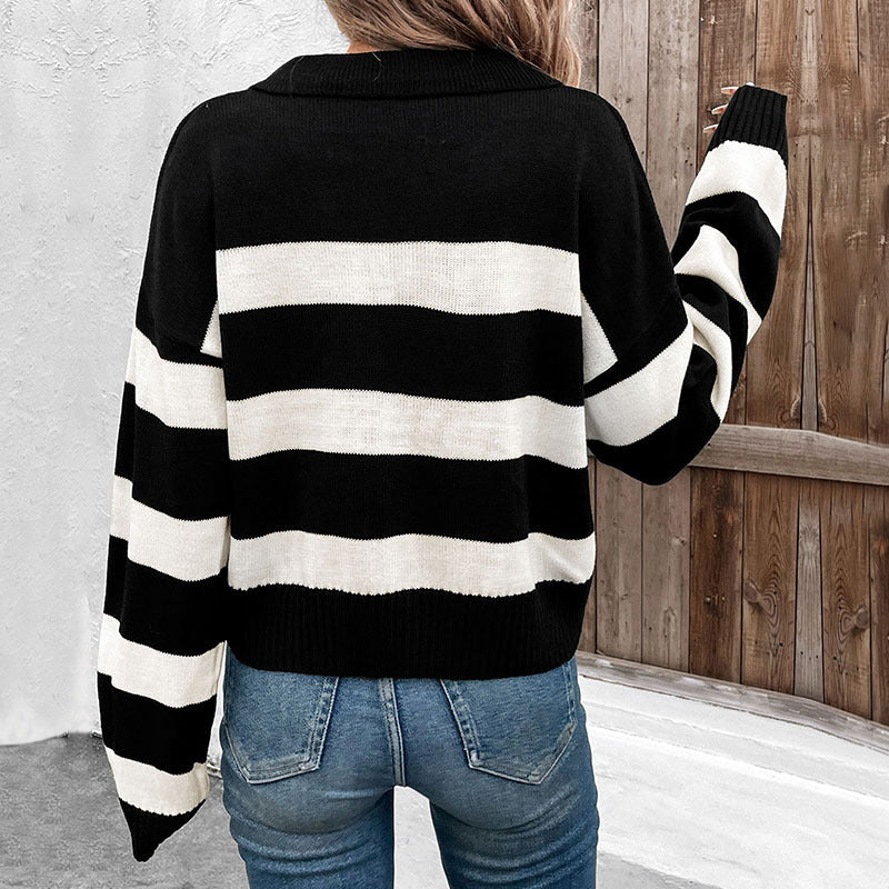Damen Strickpullover mit V-Ausschnitt und Streifenmuster R&B