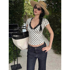 Damen Polka-Dot Top mit Spitzenakzenten und taillierter Passform R&B