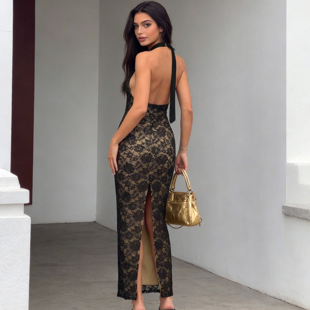 Damen Elegantes Spitzenabendkleid mit schmalem Kragen und transparenten Einsätzen R&B