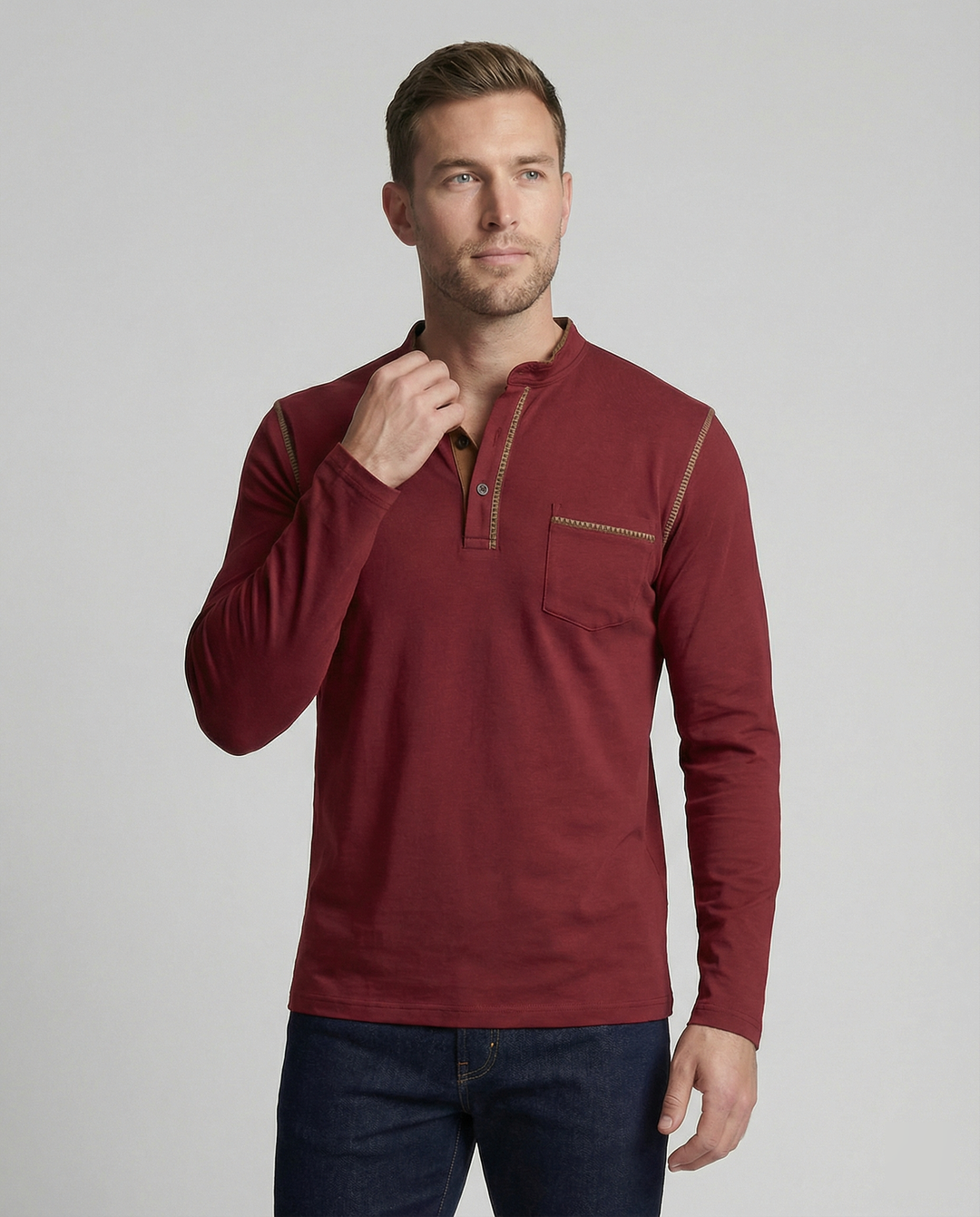 Herren Langarmshirt mit lässigem Stehkragen und kontrastierenden Akzenten R&B