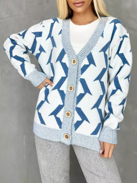 Damen gemütlicher Strickcardigan mit modernem Blitze-Design und Knopfverschluss R&B