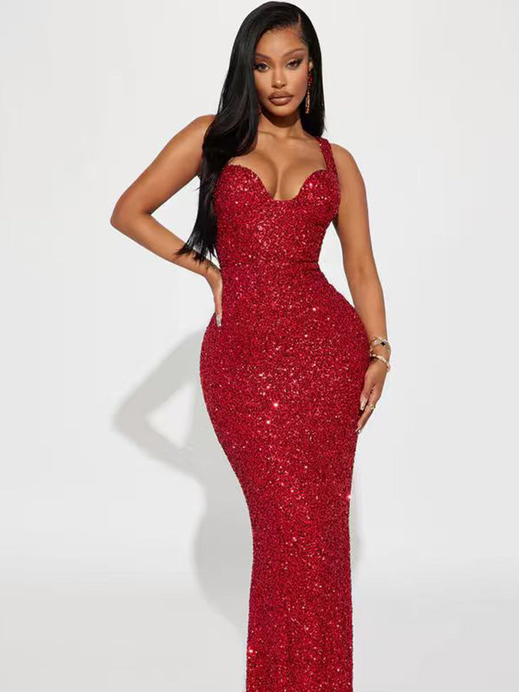Damen Glamouröses Pailletten Abendkleid mit tiefem Ausschnitt