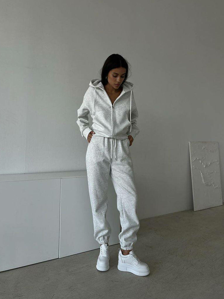Damen sportliches Fleece-Jogginganzug mit praktischer Kapuze und elastischem Bund R&B