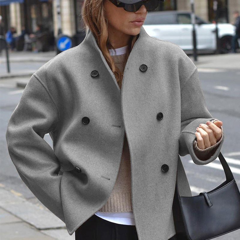 Damen modische Wolljacke mit doppelter Knopfleiste und hohen Kragen R&B