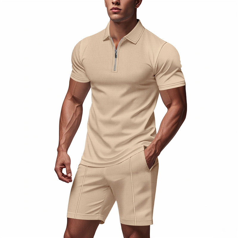 Herren Sportliches Kurzarm-Set mit teils strukturiertem Design und durchgehendem Reißverschluss R&B