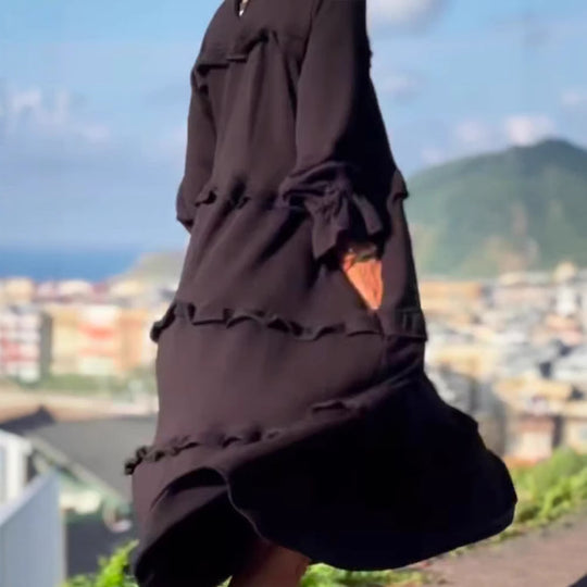 Damen nan kastiges Stufenmidikleid mit Rüschenkragen, gerafften Manschetten und verdeckten Seitentaschen R&B