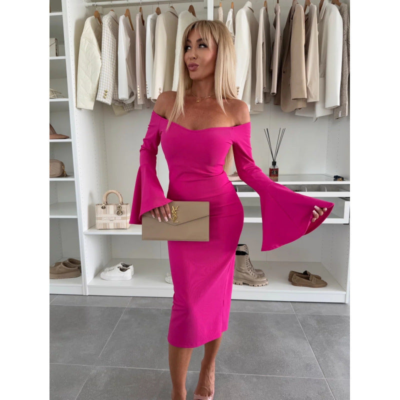 Damen Off-Shoulder Midi Kleid mit weit ausgestellten Ärmeln R&B