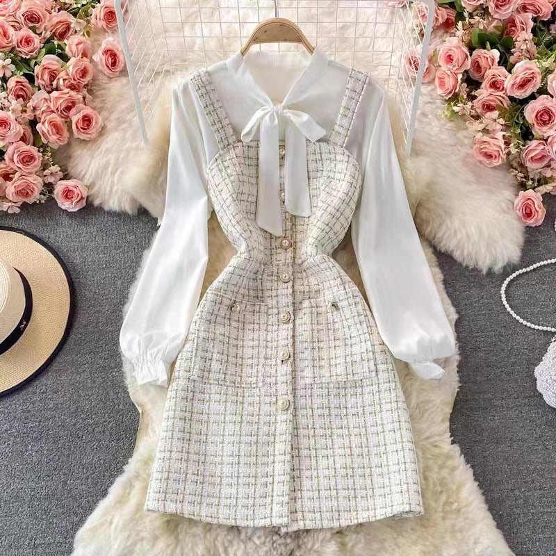 R&B | Satz mit Latzkleid Tweed A-Linie Bluse mit Schleife und Puffärmeln
