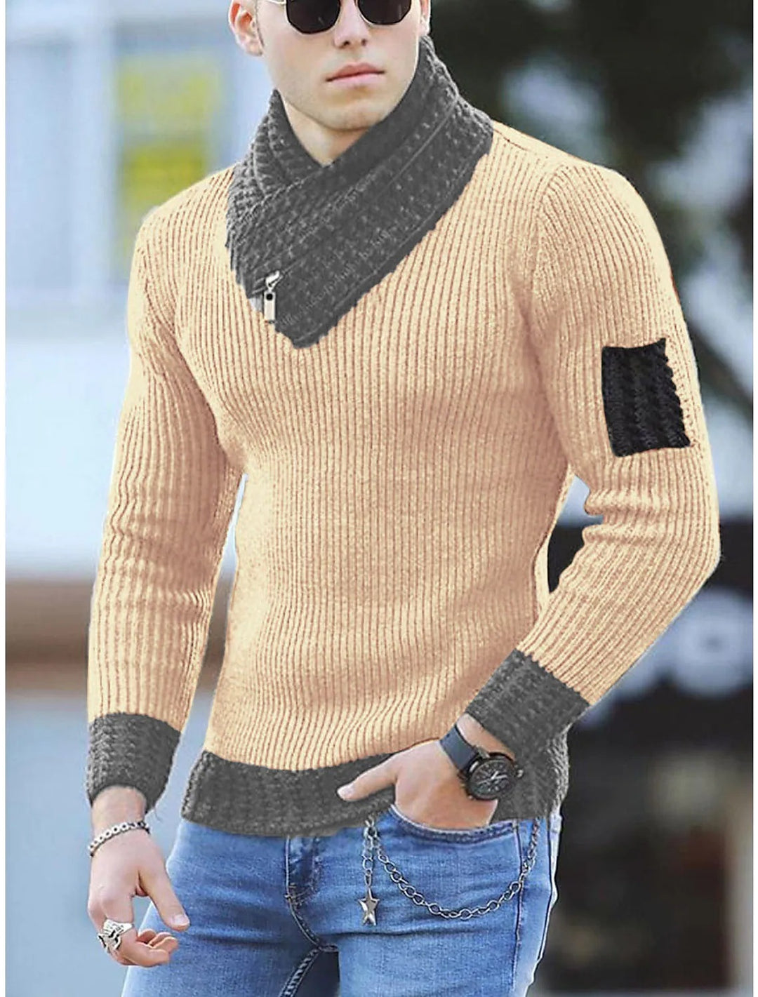 Herren strukturierter Pullover mit modernem Stehkragen R&B