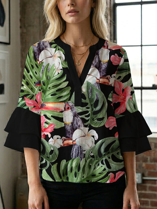 Damen Bluse mit voluminösen Rüschenärmeln und floralem Druck R&B