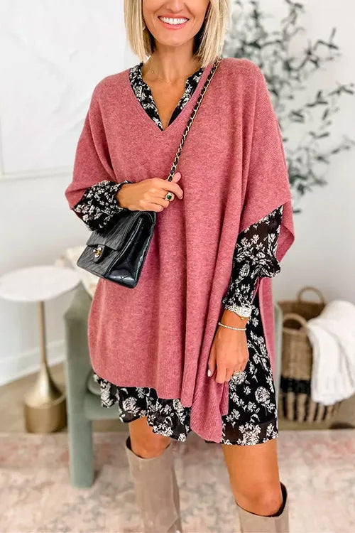Damen lässiger Strickponcho mit V-Ausschnitt und übergroßem Schnitt R&B