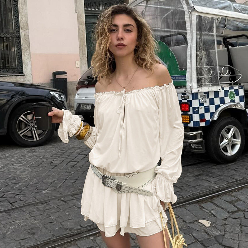 Damen Off-Shoulder Freizeitkleid mit schwingendem Rock und zarten Rüschendetails R&B