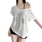 Damen V-Ausschnitt T-Shirt mit stilvollem Nieten-Dekor R&B