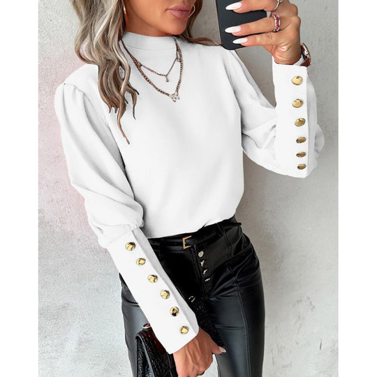 Damen elegante Bluse mit Puffärmeln und goldenen Knopfdetails R&B