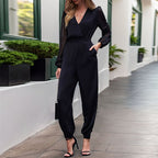 Damen Eleganter Jumpsuit mit transparenten Ärmeln und tiefem V-Ausschnitt