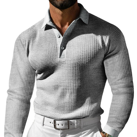 Herren nan figurbetontes Langarm-Poloshirt aus feiner Waffelmasche mit schmalem Milano-Kragen und elastischem Saum R&B