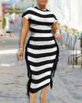 Damen modisches Maxi-Kleid mit Streifenmuster und Fransen R&B