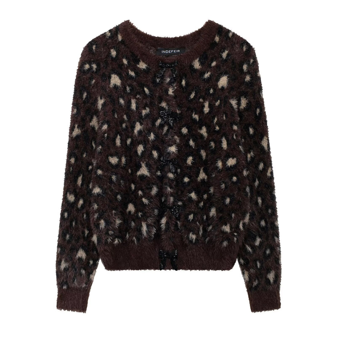 Damen kuschelige Leopardenmuster Strickjacke mit durchgehendem Knopfverschluss R&B