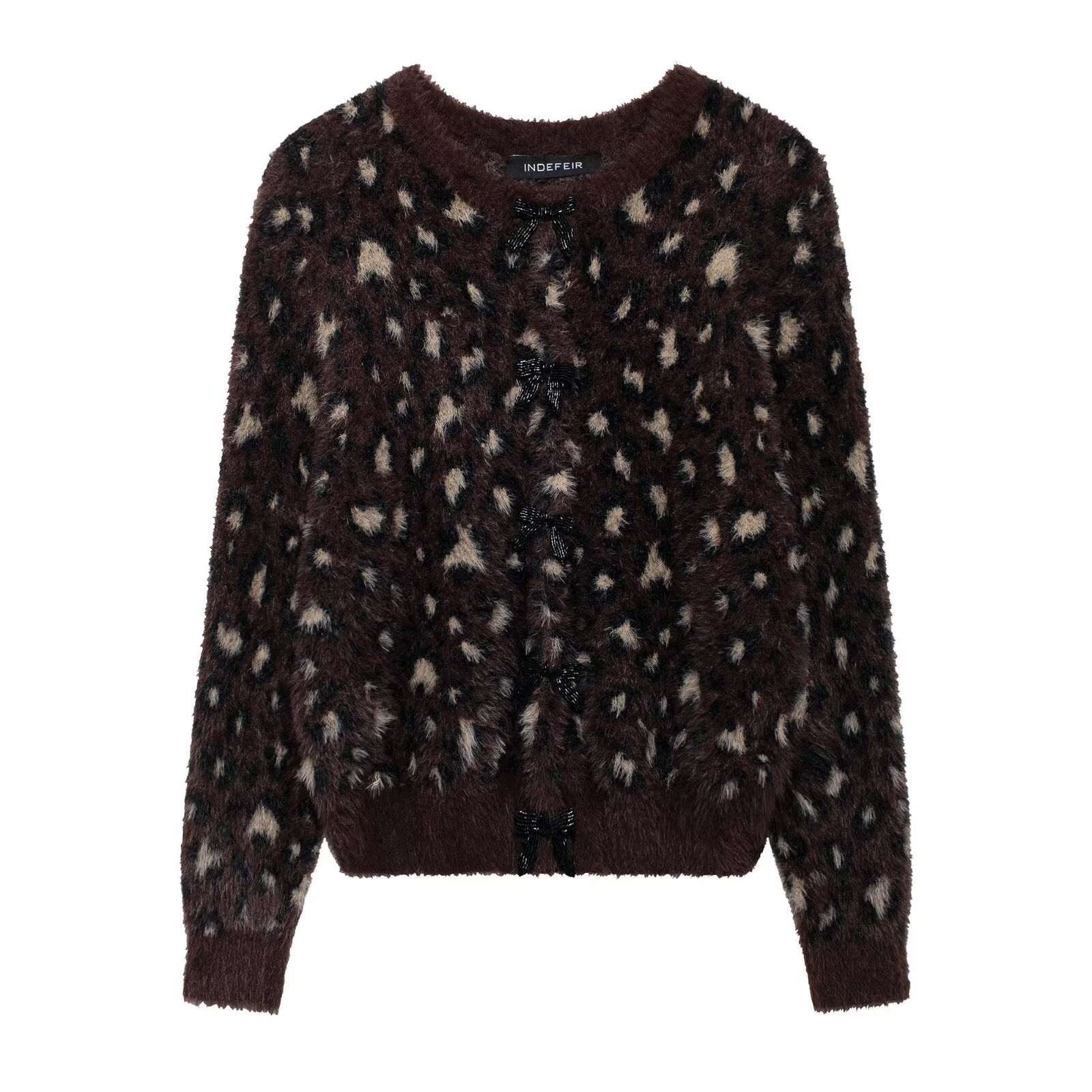 Damen kuschelige Leopardenmuster Strickjacke mit durchgehendem Knopfverschluss