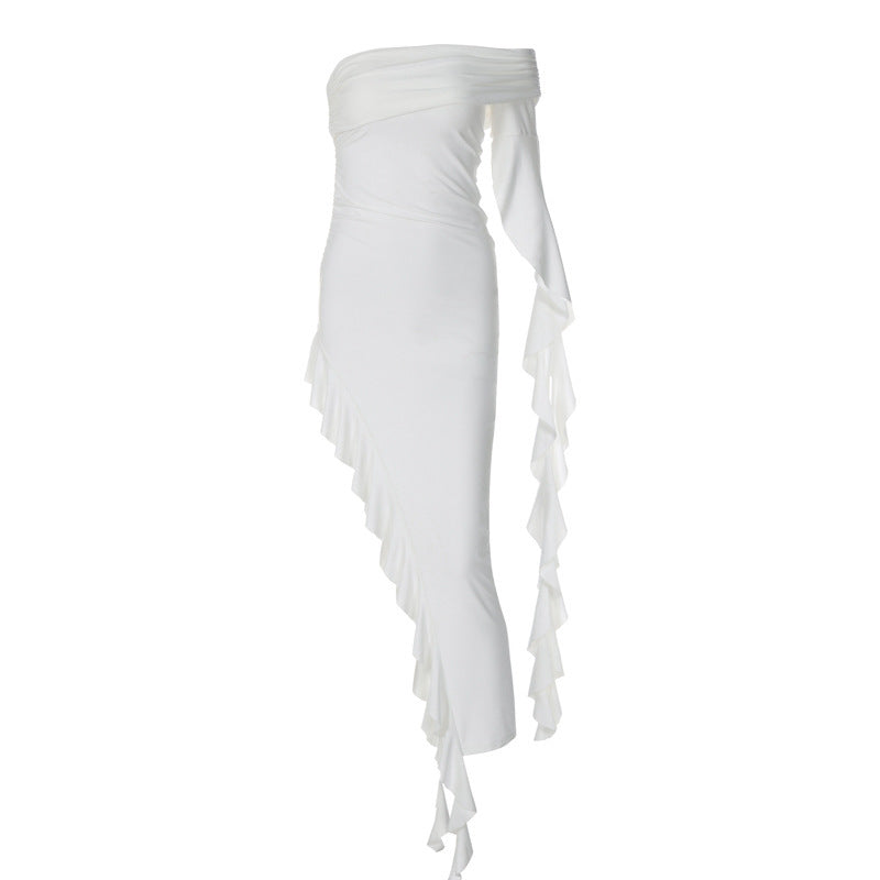 Damen elegantes Wickelkleid mit asymmetrischem Rüschendesign und dekorativem Oberteil R&B