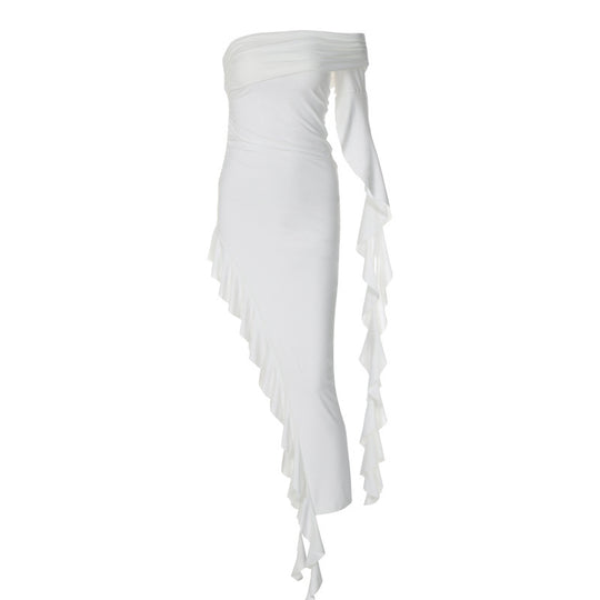 Damen elegantes Wickelkleid mit asymmetrischem Rüschendesign und dekorativem Oberteil R&B