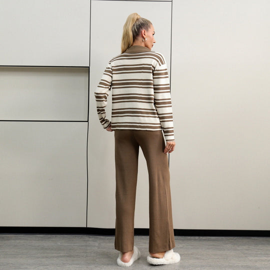Damen elegantes Strick-Loungewear-Set mit einem modischen Kragen und weit geschnittenen Hosen R&B