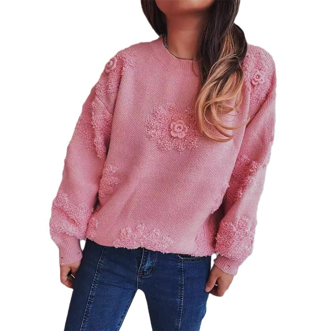 Damen Strickpullover mit romantischen Blumenapplikationen und weichem Material R&B
