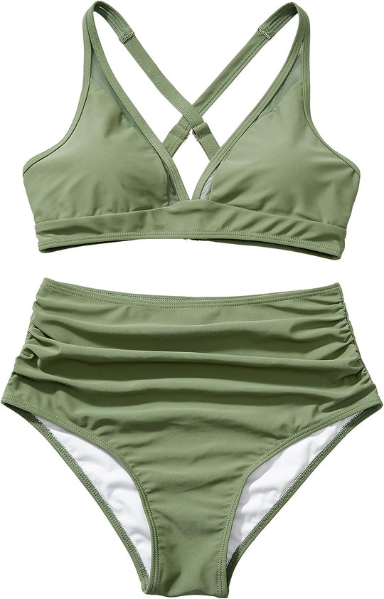 Damen Sportliches Bikini-Set mit verschränkten Trägern und hohem Schnitt R&B