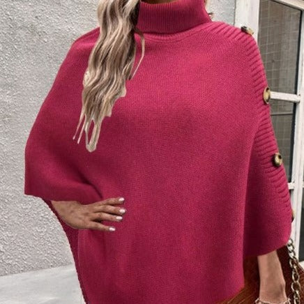 Damen Strick-Poncho mit hohem Kragen und Knopfdetails R&B