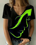 Damen V-Ausschnitt T-Shirt mit kreativem Grafikdruck R&B