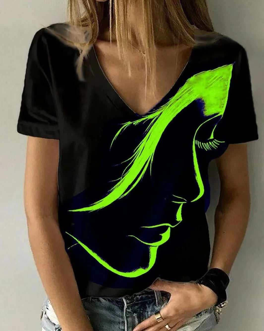 Damen V-Ausschnitt T-Shirt mit kreativem Grafikdruck R&B