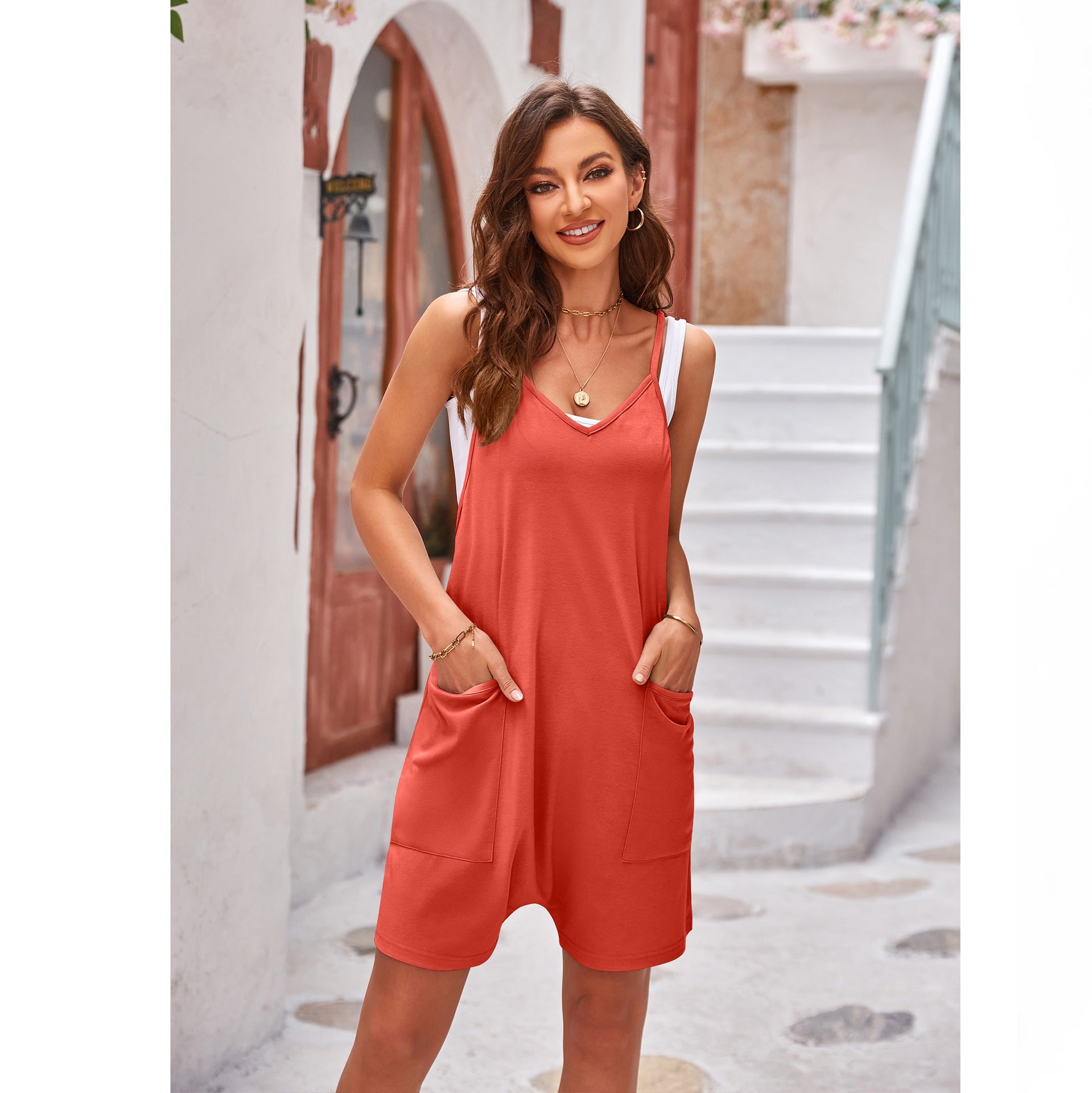 Damen komfortabler Overall mit tiefem Ausschnitt und praktischen Taschen R&B